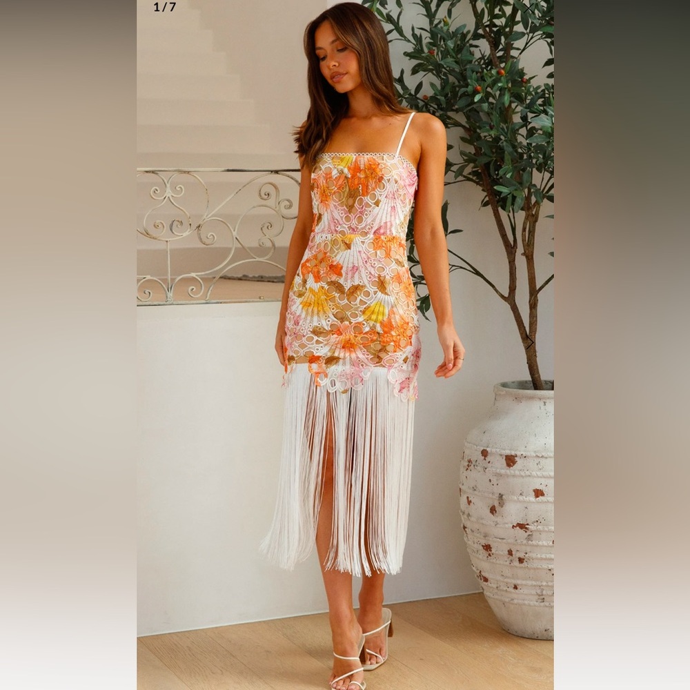 Floral Crochet Fringe Midi Dress